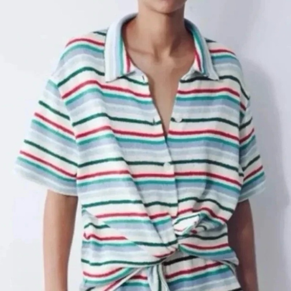 Zara Knit Top Women Large Striped Collared Button Front Short Sleeve Casual